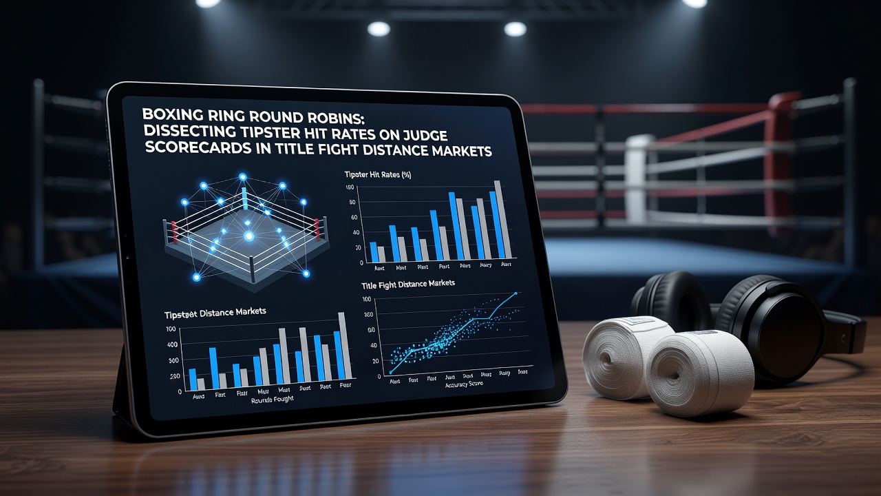 Boxing ring with judges' scorecards and tipster data overlays during a title fight