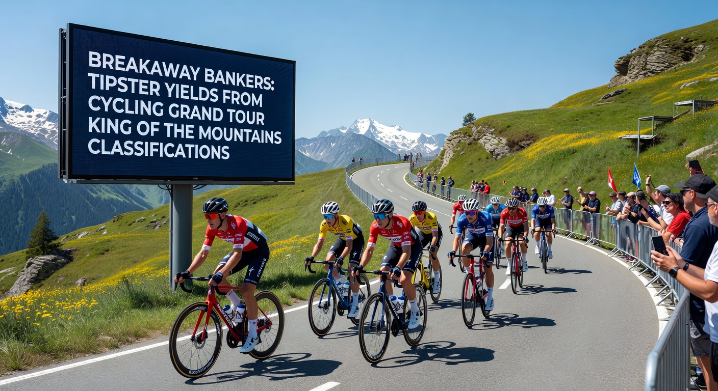Close-up of a cyclist crossing a mountain summit alone, arm raised in victory, with the peloton trailing far behind during a Vuelta a España stage