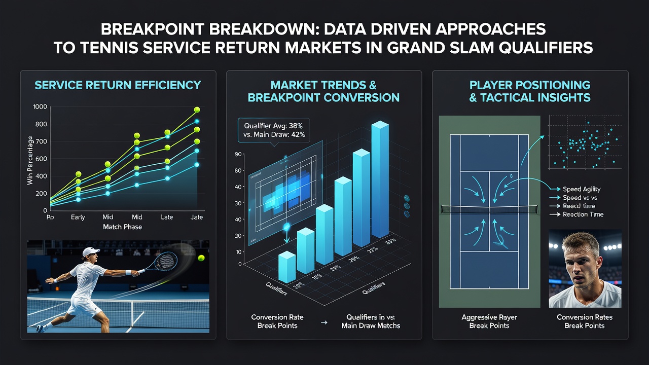 Data visualization screen displaying tennis service return heatmaps and breakpoint statistics for Grand Slam qualifier matches