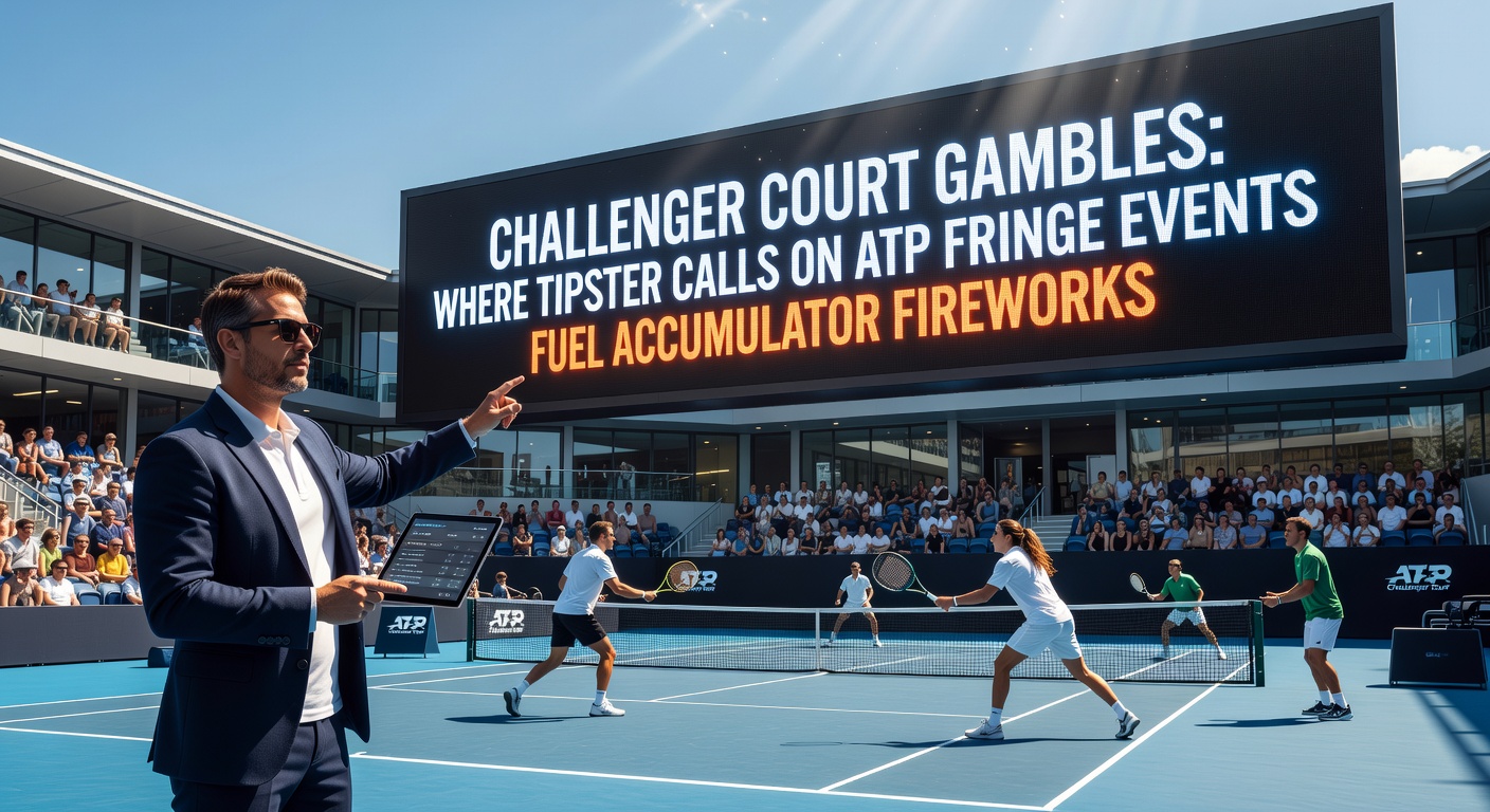 Dynamic tennis rally on a sun-baked Challenger court, capturing the intensity of fringe ATP action