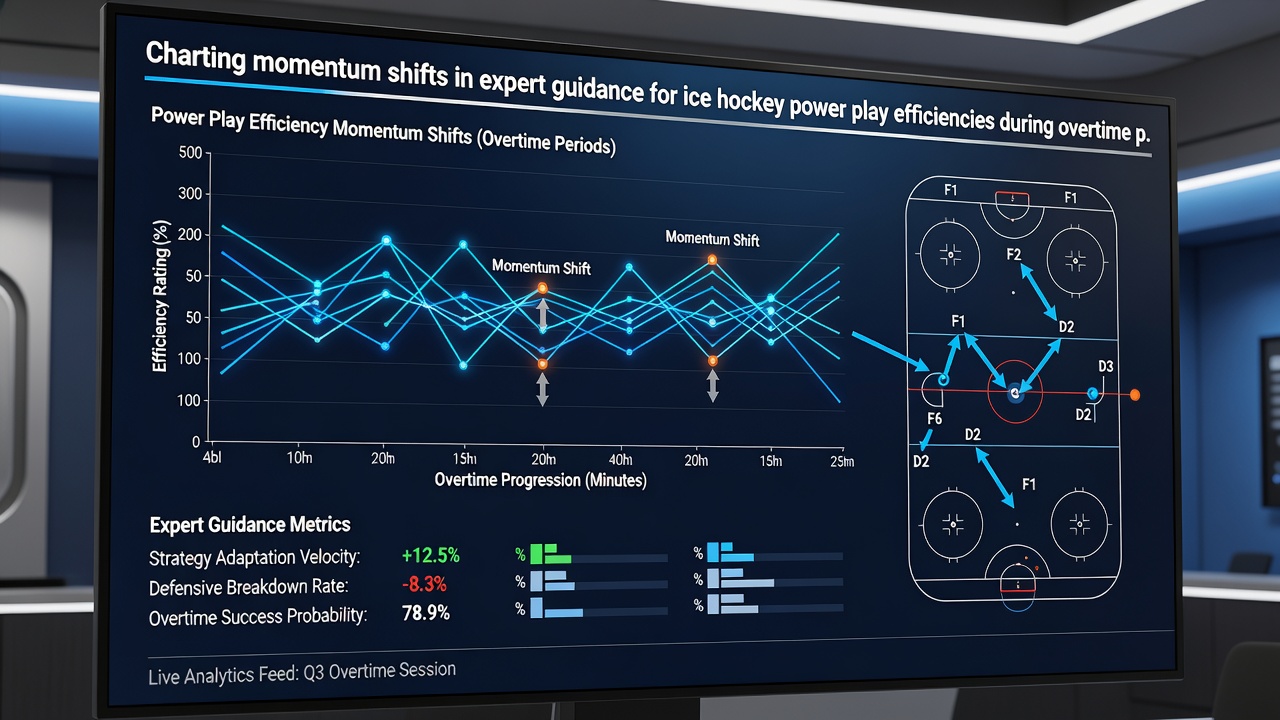 Coaches reviewing ice hockey overtime power play strategies on a tablet during a game break