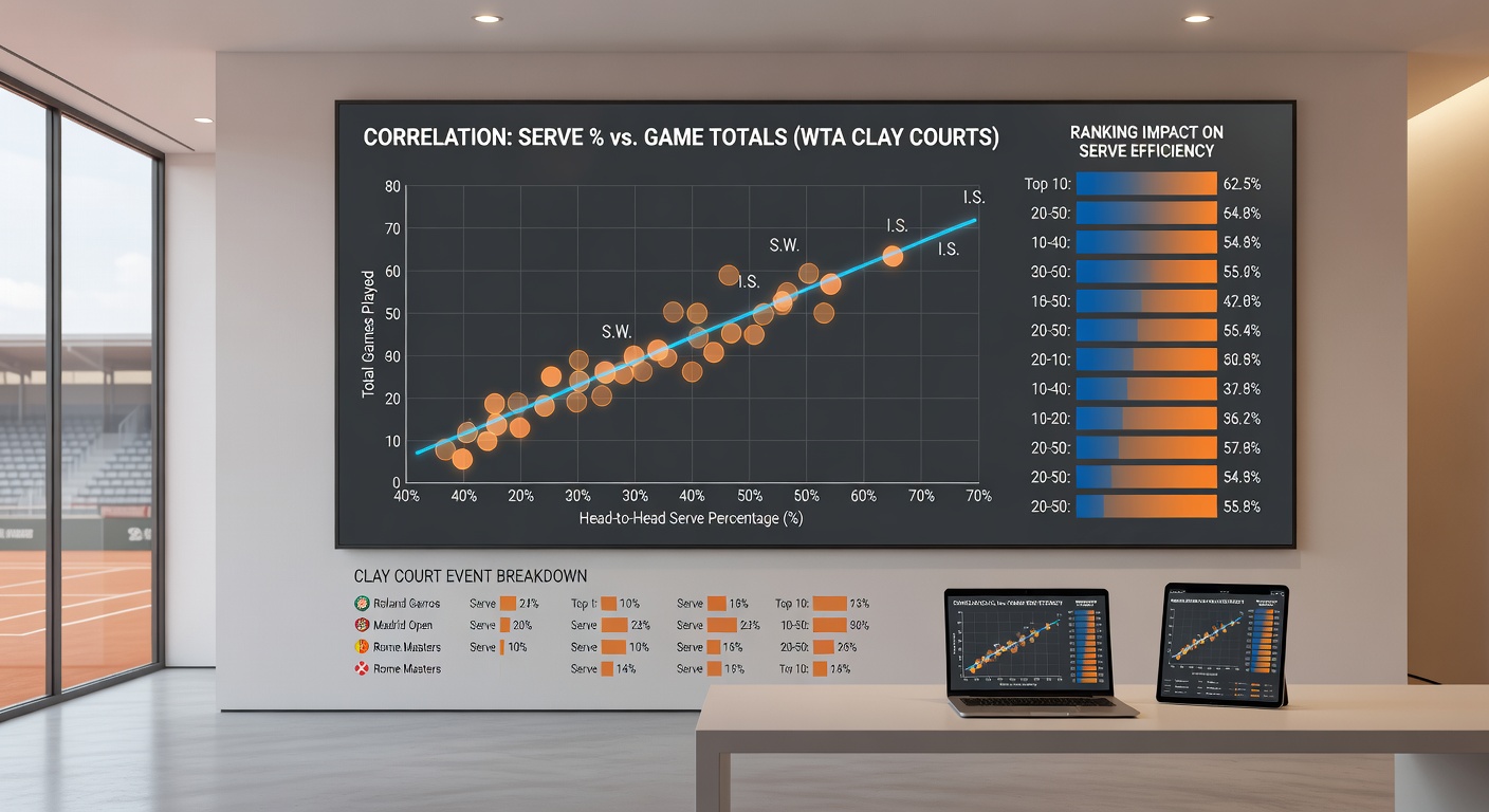 Statistical chart displaying serve percentage correlations with total games in WTA clay court matches