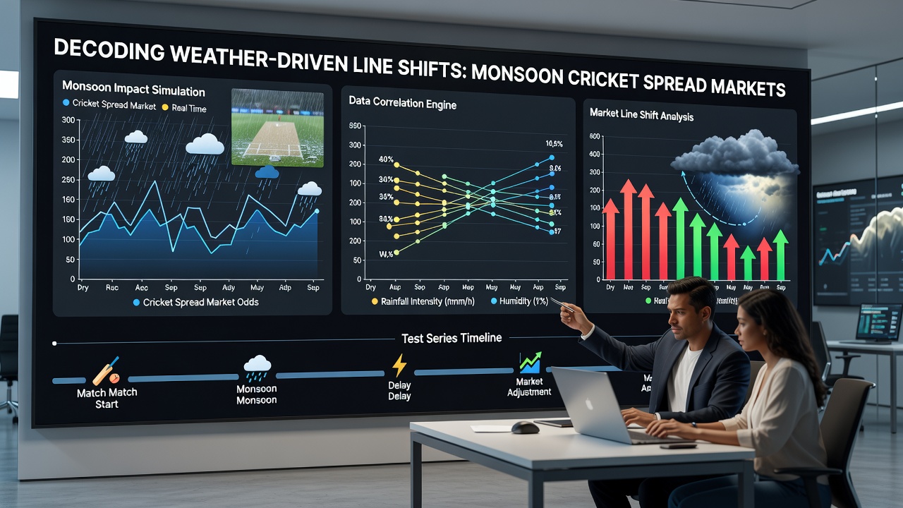 Betting terminal screen showing live cricket spread market adjustments during rain delay