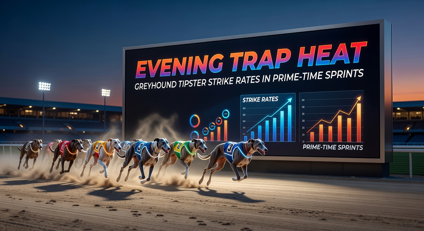 Greyhounds bursting from traps at an evening prime-time sprint race under floodlights, capturing the intense speed and competition
