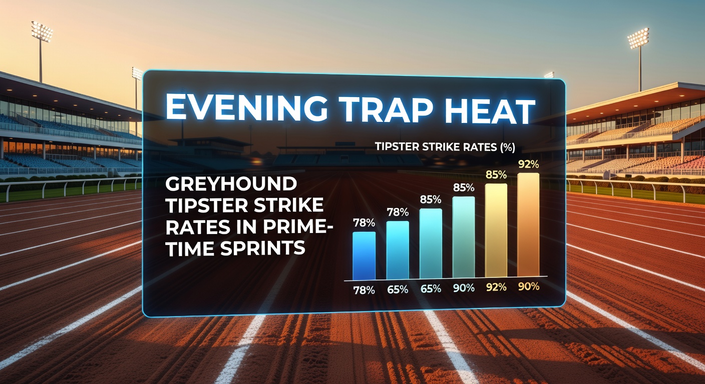 Close-up of a tipster's selection sheet highlighting evening sprint picks, with strike rate charts and trap position stats overlaid on a racing form