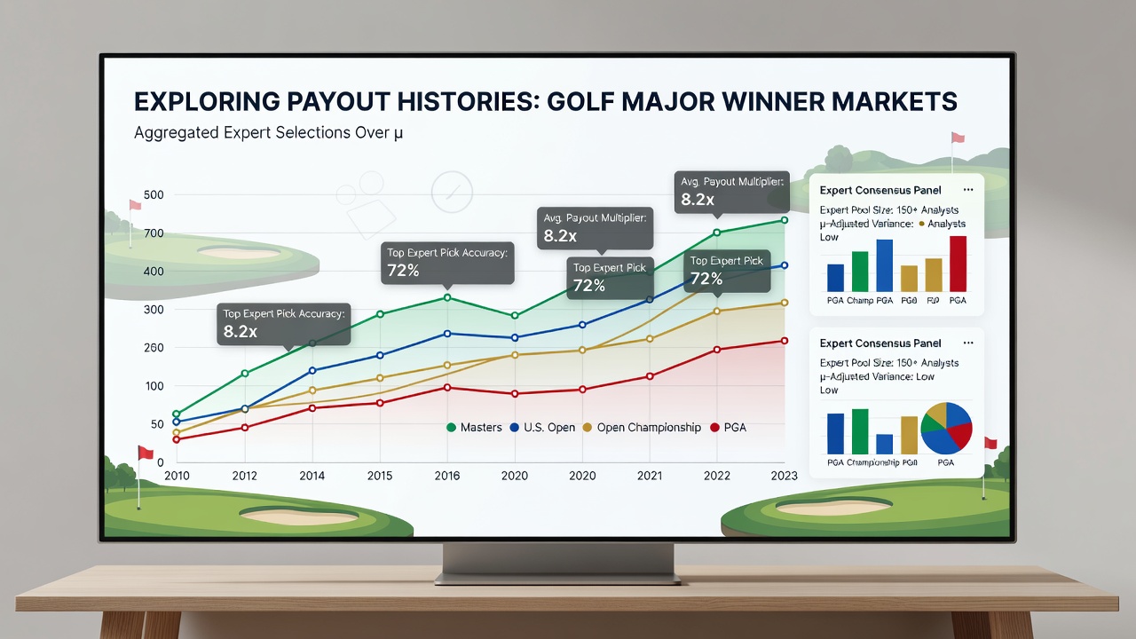 Table displaying seasonal payout rates and expert consensus accuracy for golf major winner markets