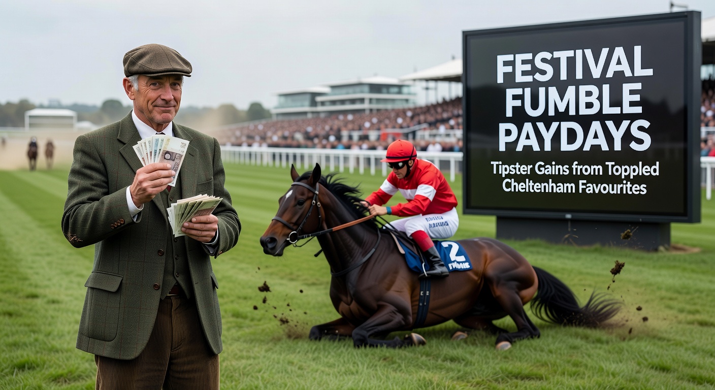 Crowds cheering as a favorite horse stumbles during a dramatic Cheltenham Festival race, highlighting the thrill of unexpected upsets