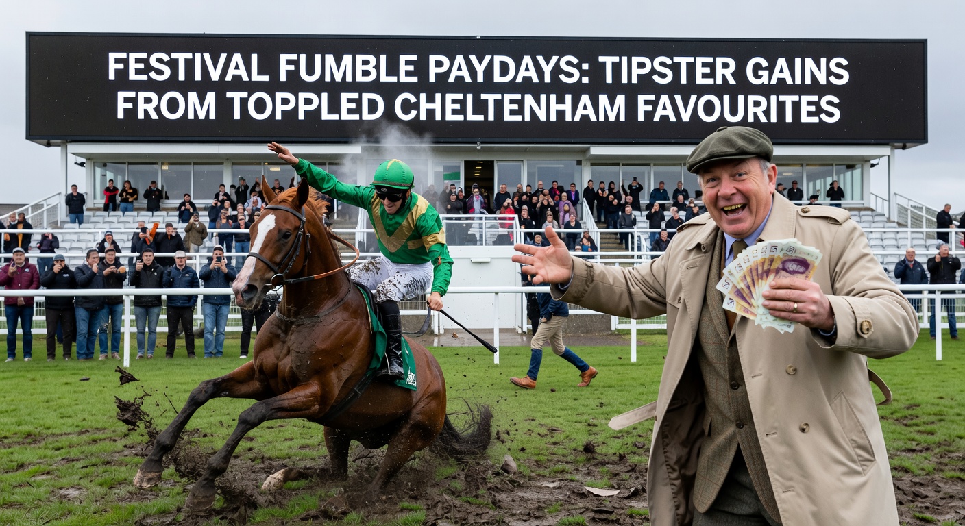 A tipster reviewing race data on a laptop amidst Cheltenham Festival memorabilia, capturing the analytical side of profiting from upsets