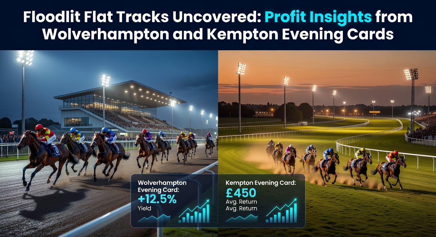 Floodlit racehorses charging down the straight at Wolverhampton under evening lights, capturing the intensity of all-weather flat racing