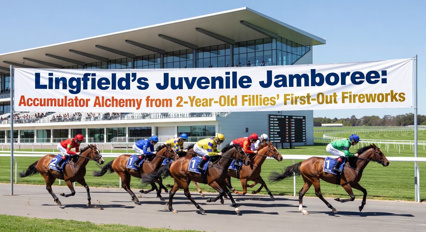 Vibrant scene of 2-year-old fillies racing on Lingfield's all-weather track during a juvenile event, with accumulators in focus