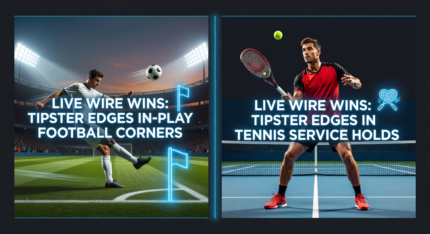 Dynamic in-play betting action showing a football corner kick and a tense tennis service hold, highlighting tipster precision in live markets