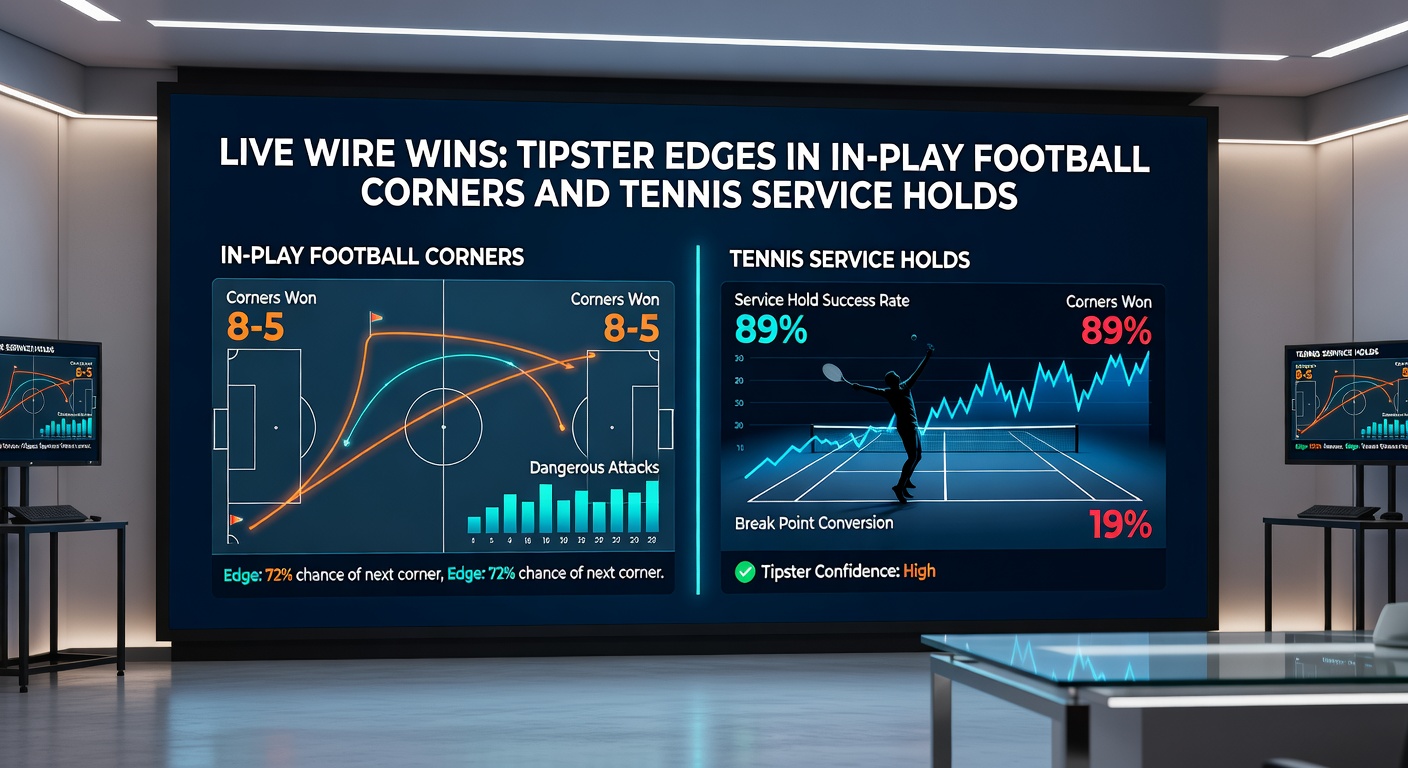 Close-up of a tennis player serving during a crucial hold and a football player taking a corner kick, capturing the high-stakes in-play tension tipsters exploit