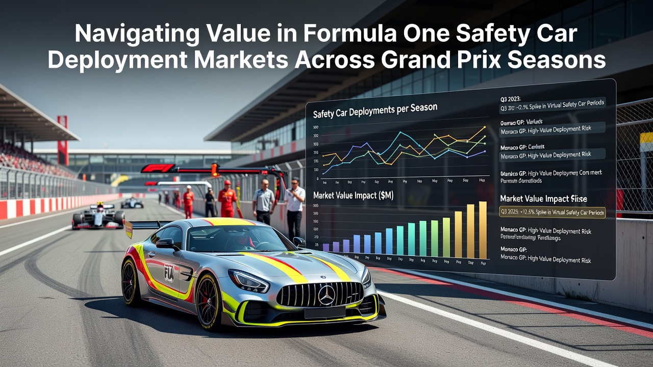Formula One safety car deployed during a wet Grand Prix session with marshals clearing debris