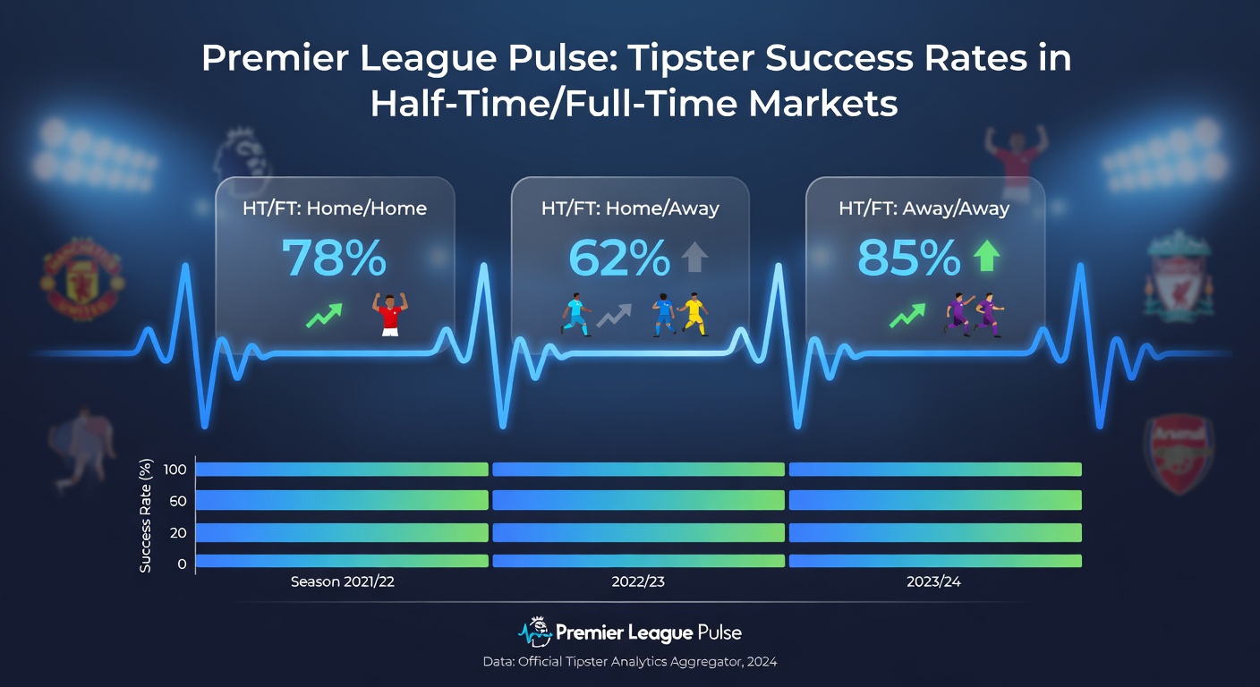 Bar chart comparing top tipsters' HT/FT strike rates in Premier League matches, with labels for leading performers in 2025-26