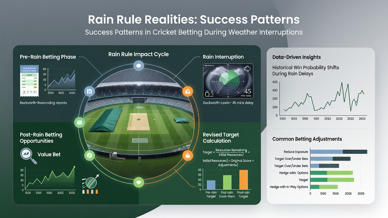 Cricket scoreboard showing revised DLS target during a rain-affected match with spectators under umbrellas