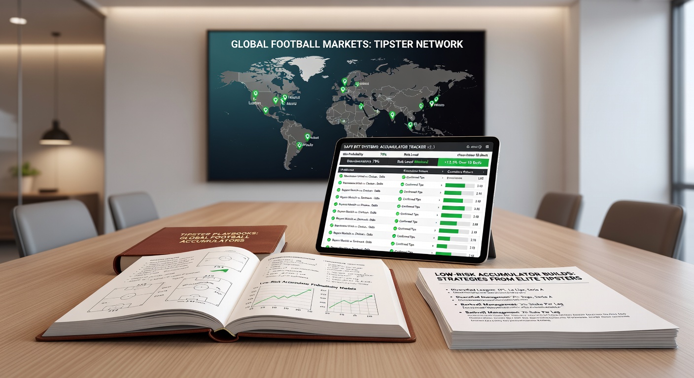 Football pitch during a match with overlaid accumulator bet graphics showing low-odds selections from various global leagues