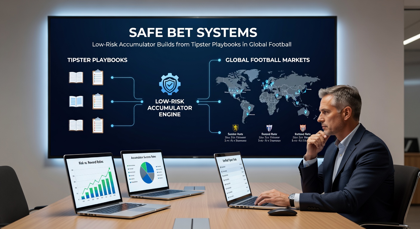 Digital dashboard displaying tipster accumulator trackers with green checkmarks on low-risk football legs from Bundesliga, MLS, and Serie A matches