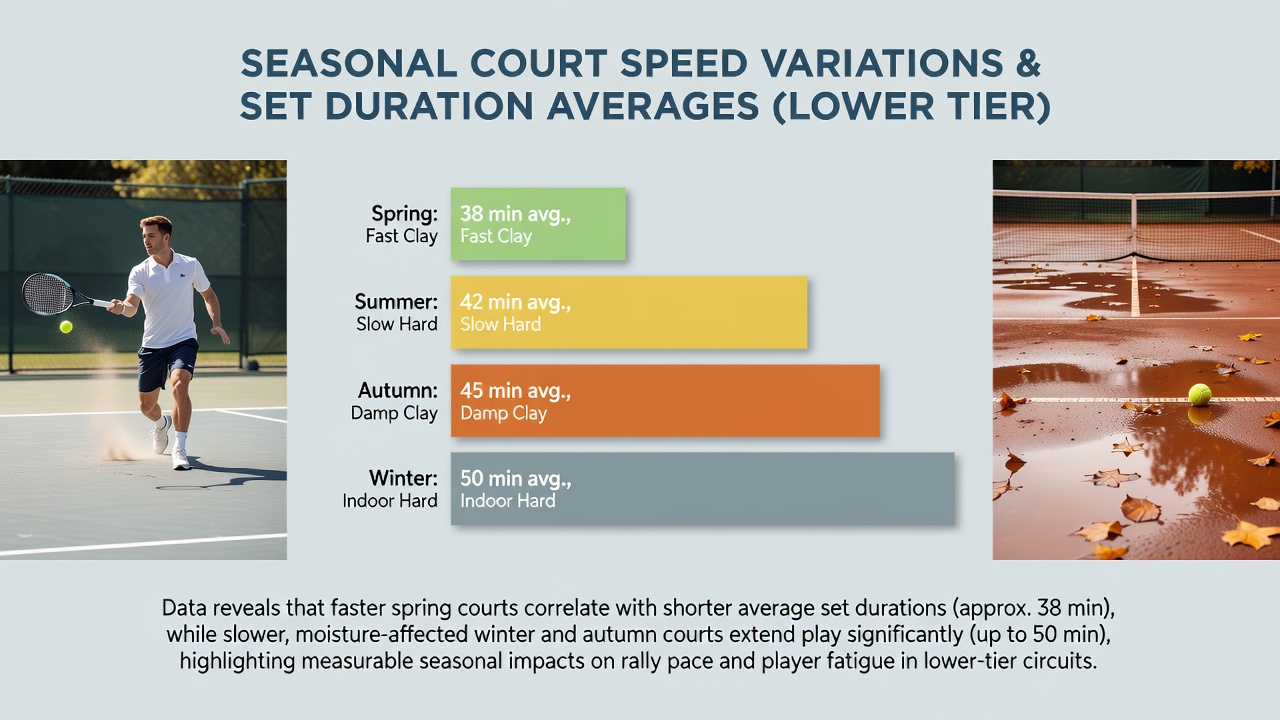 Lower tier tennis match data showing set duration variations by season