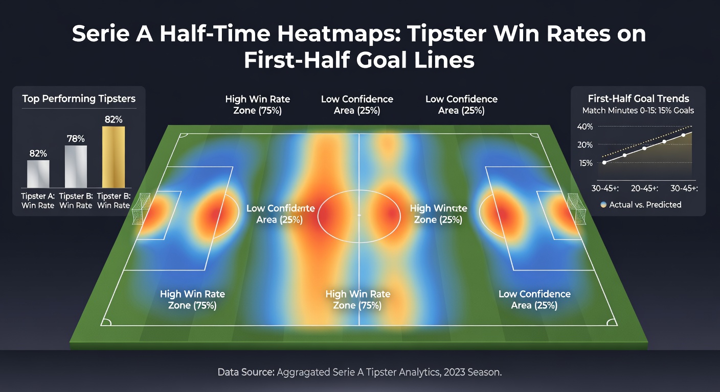 Comparative bar chart of tipster win rates on Serie A first-half goal lines, segmented by over/under bets and team types from 2024-2026 seasons