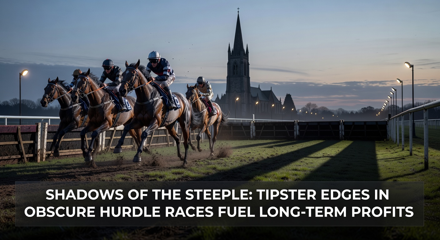 Misty silhouette of a church steeple overlooking a quiet hurdle racecourse at dawn, with horses jumping obstacles under low clouds