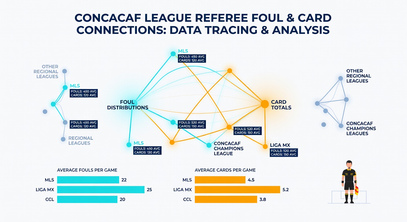 Charts displaying referee foul distributions and card totals in CONCACAF fixtures