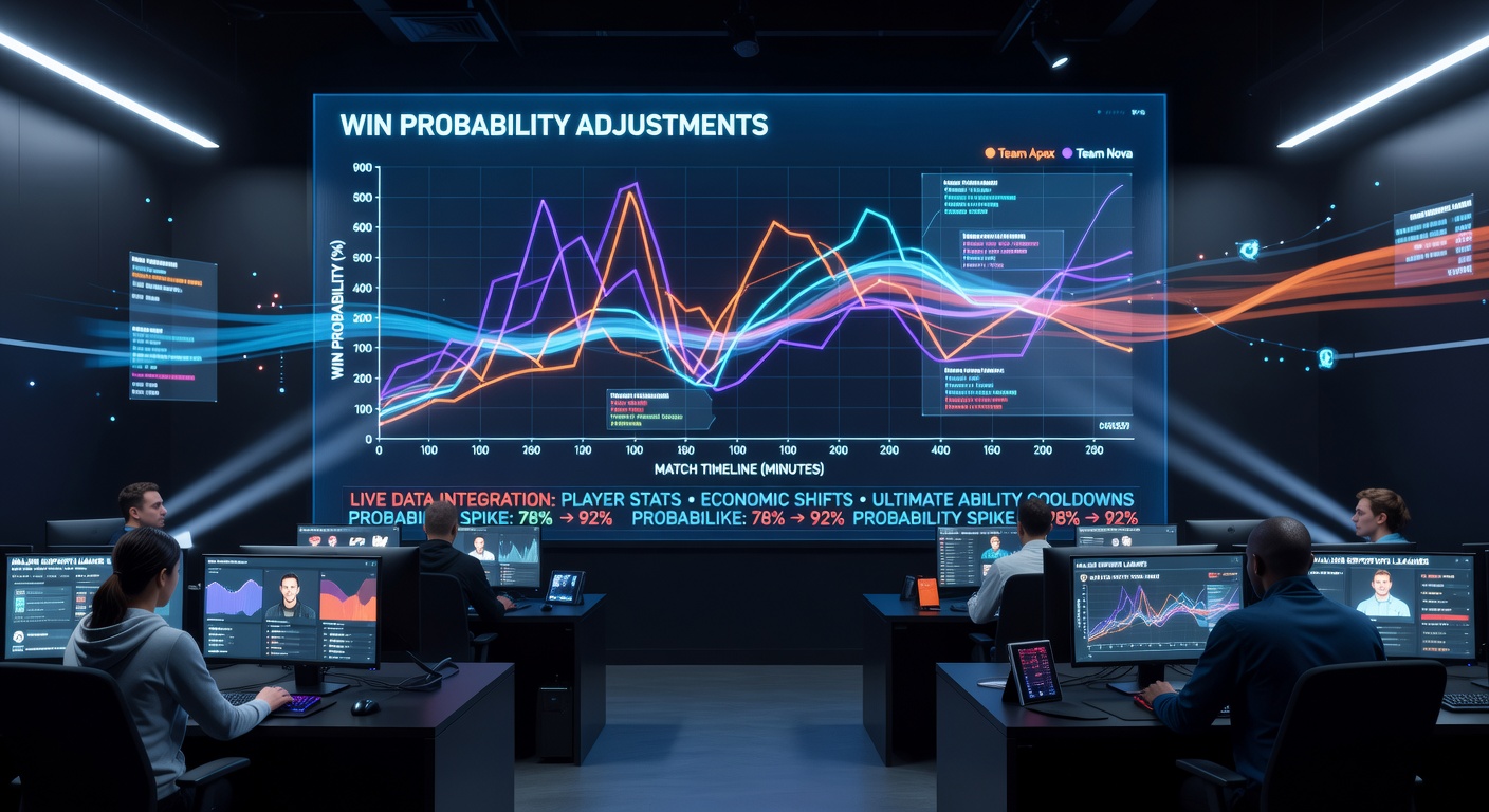 Analysts reviewing real-time win probability charts overlaid on an esports broadcast feed