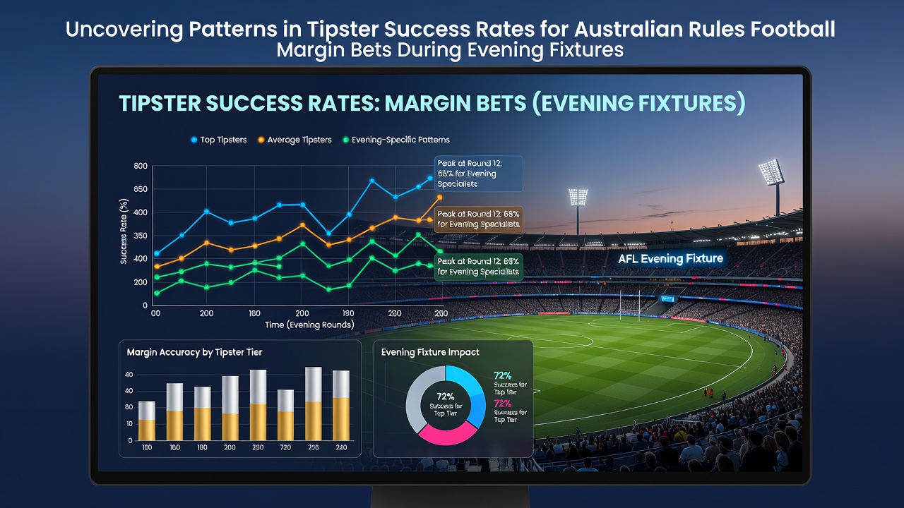 Australian Rules Football evening match under lights with tipster analysis overlay showing margin bet patterns