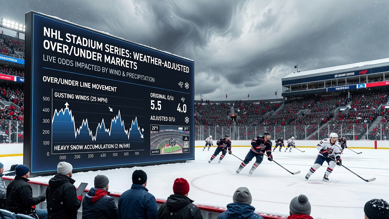 NHL players competing in an outdoor Stadium Series game under cold winter conditions with visible weather effects on the ice