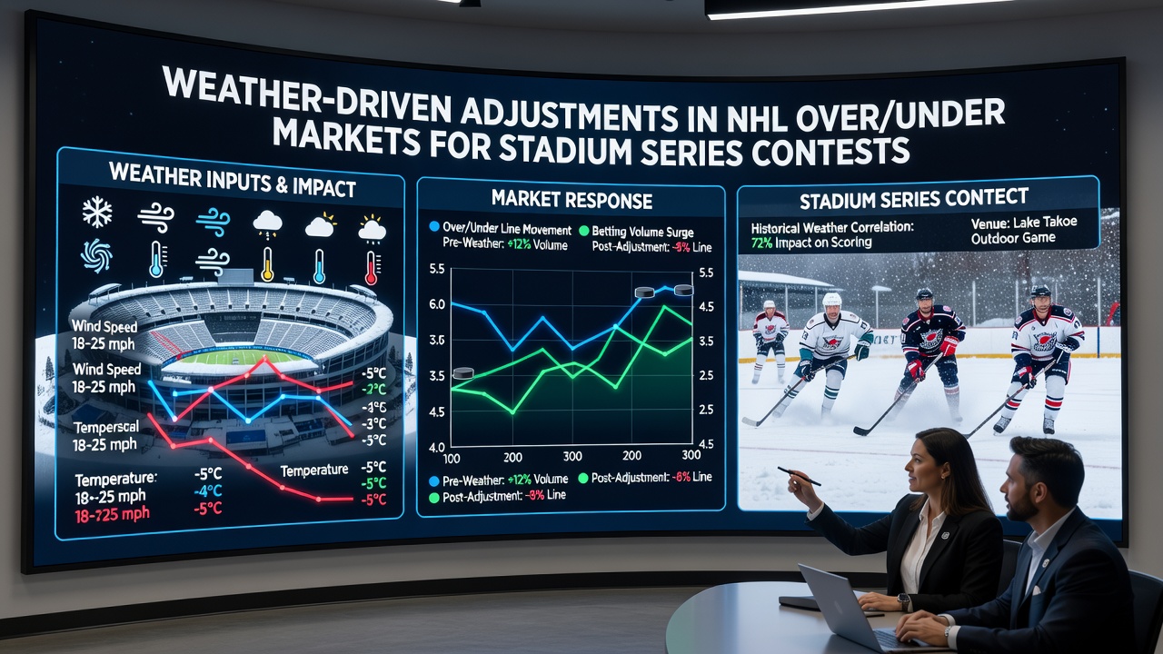Close up of NHL outdoor rink showing ice conditions and weather monitoring equipment during a Stadium Series event
